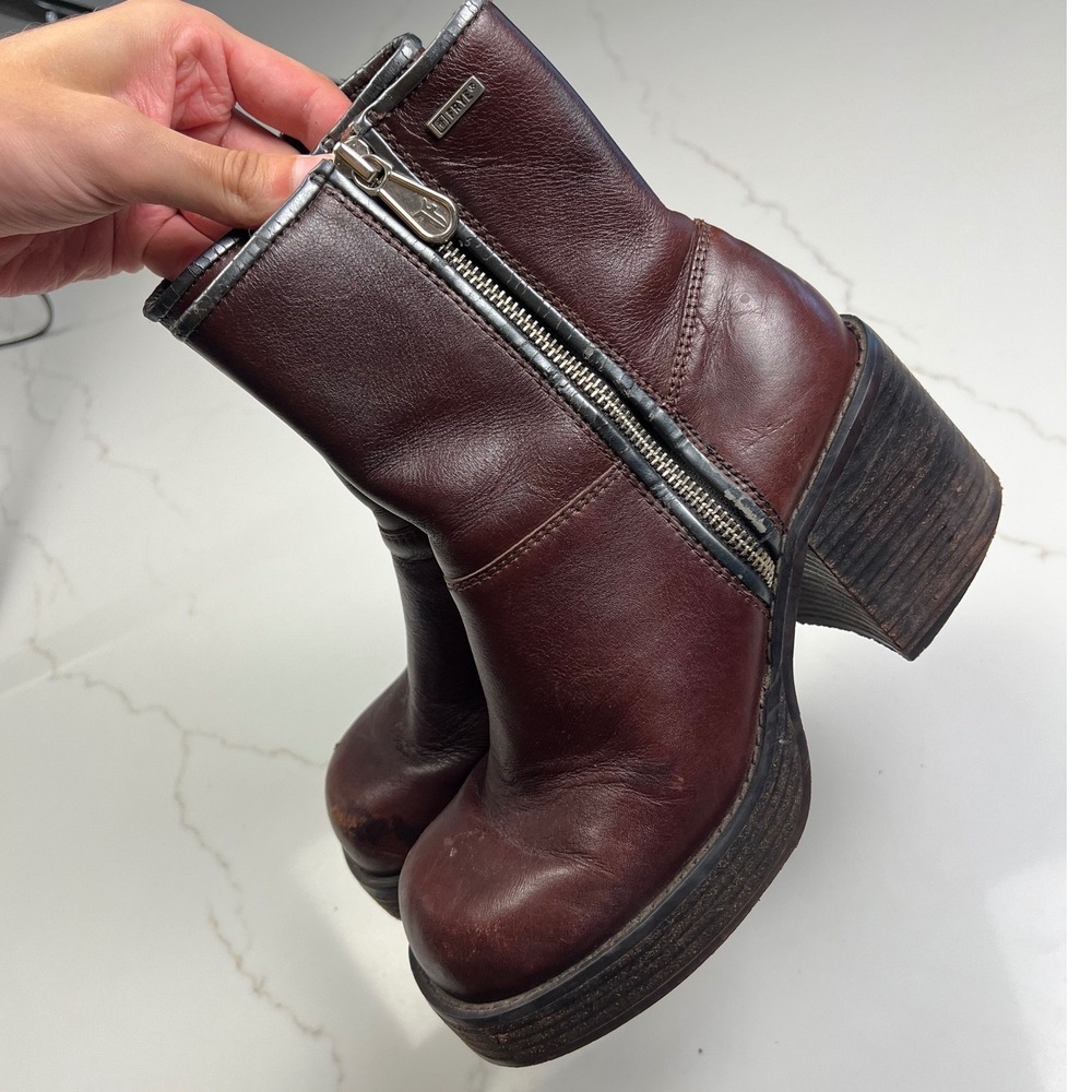 Frye Villager Boots Womens 8M Brown Leather Platform Side Zip Block Heel 77465